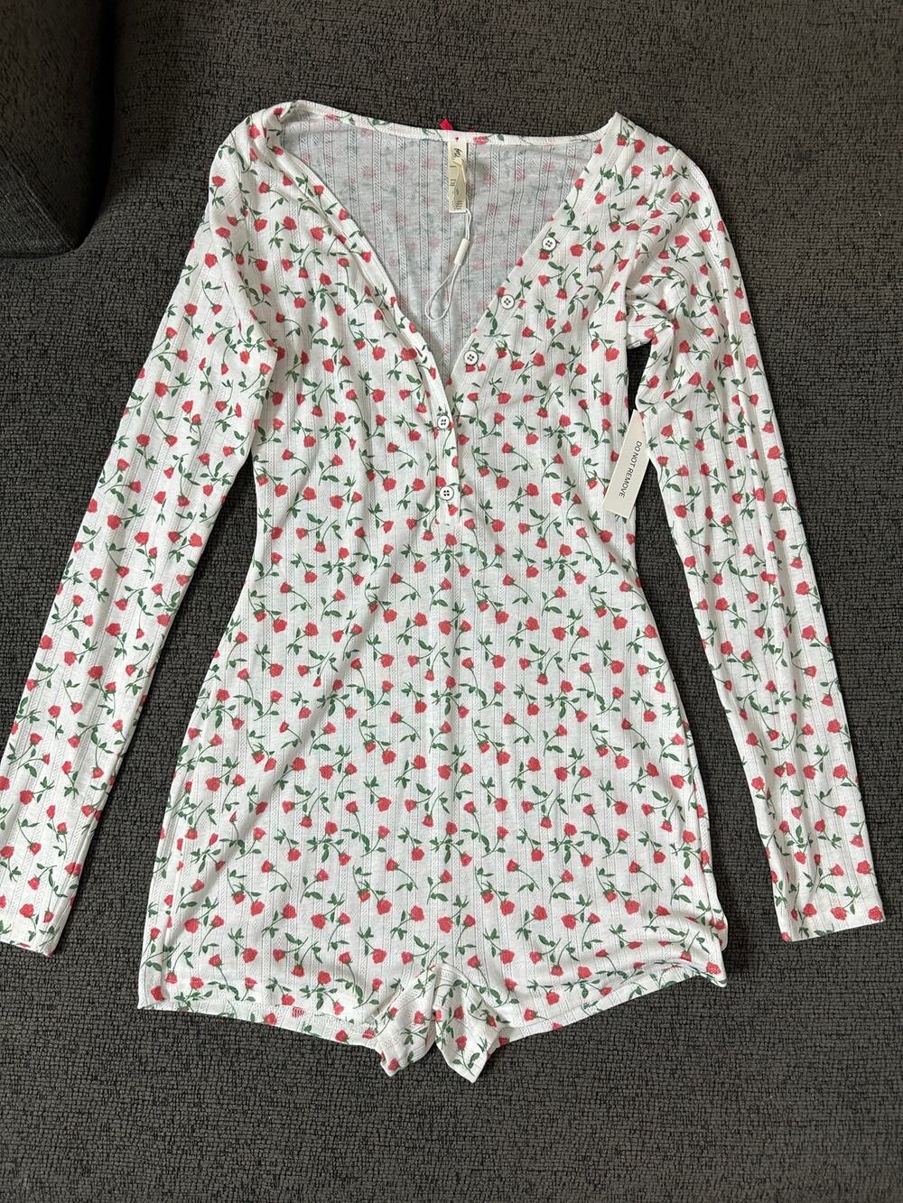 For Love and Lemons Pointelle Deep V Onesie size XS Rose Floral Long Sleeve NWT